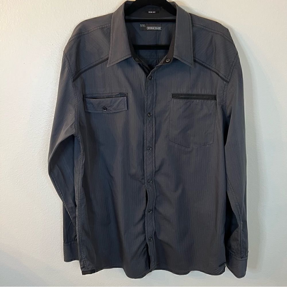 Buckle Black Shirt Long Sleeve Black Snap Front Mens Size XXL ~ Slim Fit ~